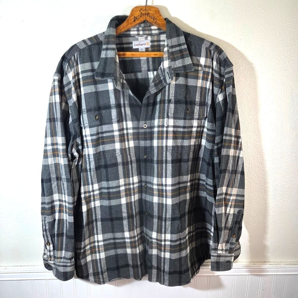 Carhartt Men's Black and White Original Fit Thick Button Up Plaid Shirt Size 4XL
